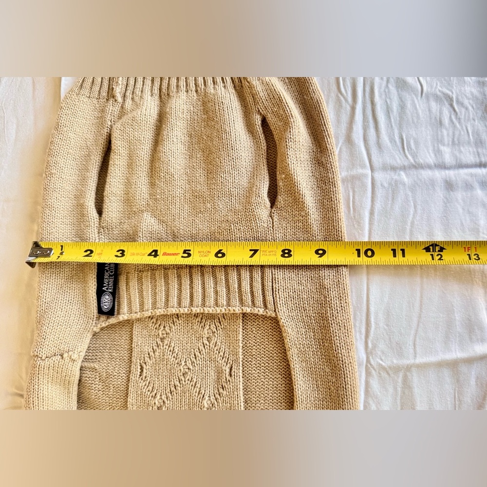 Tan Cable Knit Dog Sweater w Blue & White Stripes & Turtleneck - Picture 12 of 13
